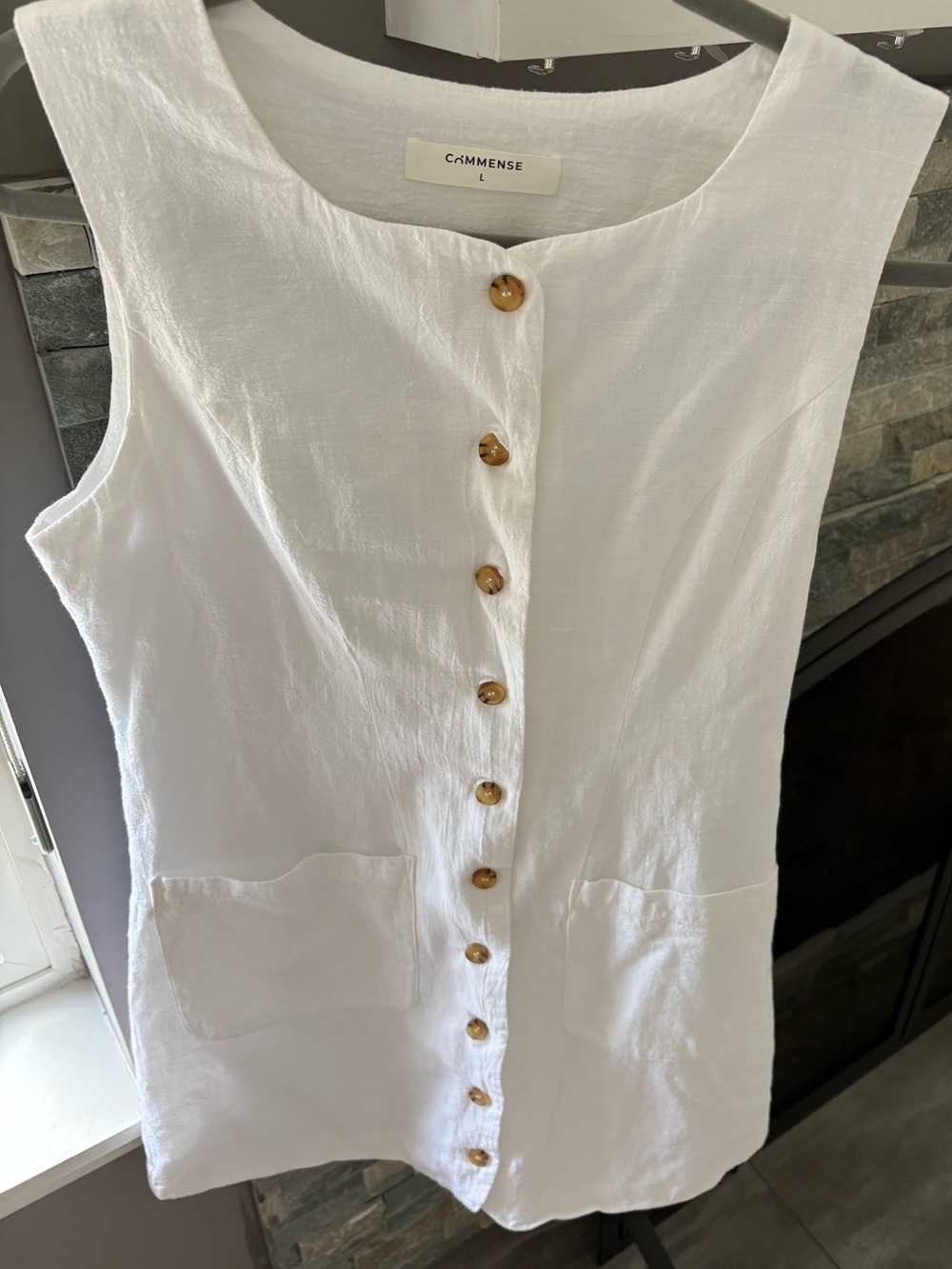 Commense White Sleeveless Linen Button-Front Dress with Tan Buttons